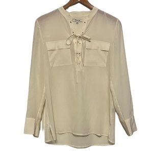 Madewell 100% Silk Monroe Lace Grommet Tie Long Sleeve Blouse w/ Pockets Size XS
